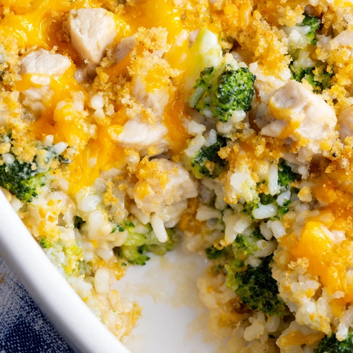 Golden baked chicken broccoli rice cheese casserole with melted cheddar and crispy buttered panko topping on top