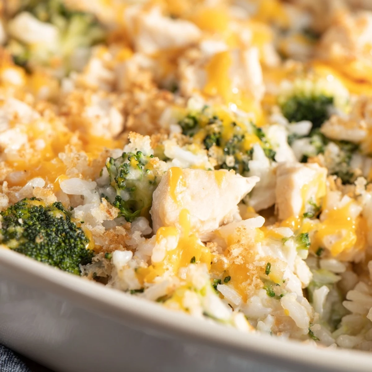 Creamy chicken broccoli rice cheese casserole bubbling in a white baking dish with fresh green broccoli florets visible
