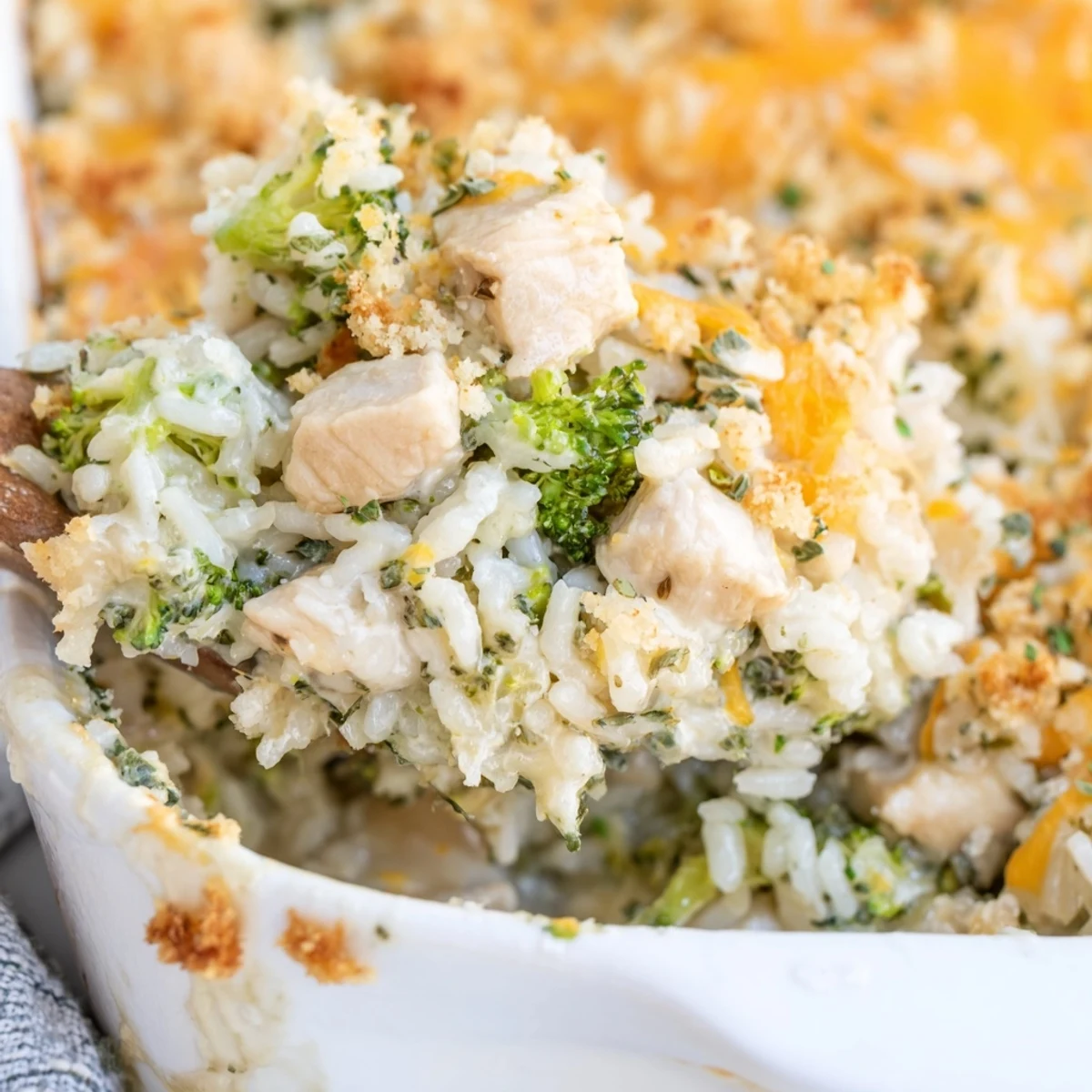 Spoonful of cheesy chicken broccoli rice casserole showing tender shredded chicken and rice in a rich creamy sauce
