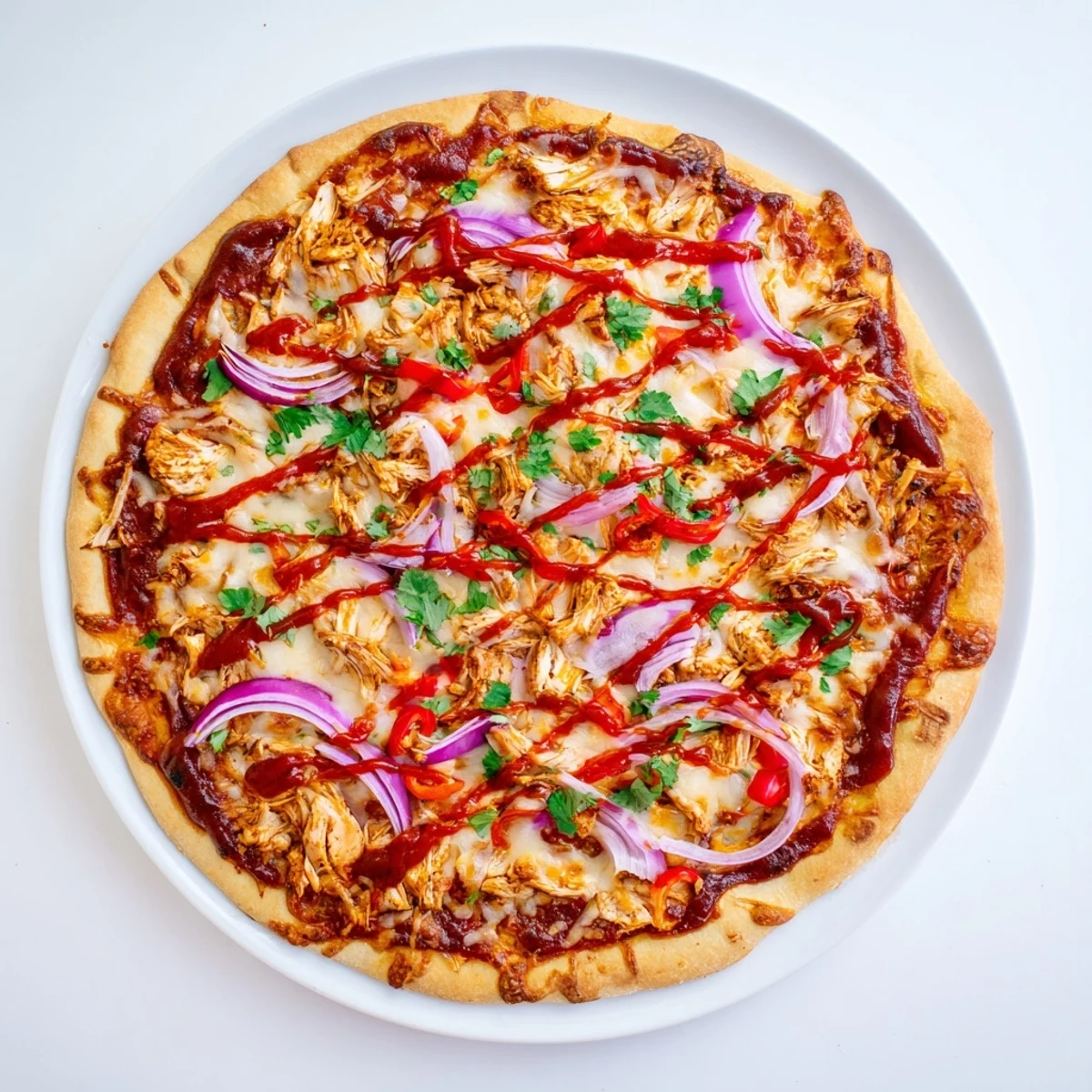Golden homemade BBQ chicken pizza with bubbling cheese, red onions, and cilantro garnish