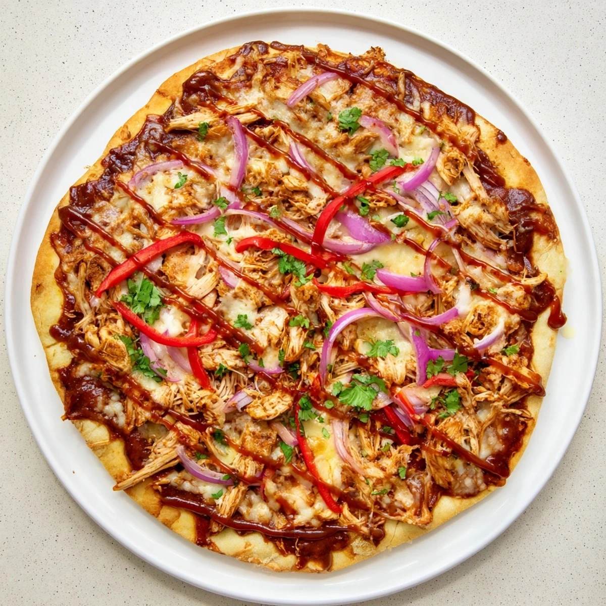 Delicious homemade BBQ chicken pizza sliced into wedges on a wooden cutting board