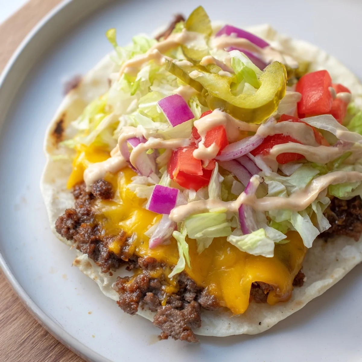 Golden crispy smash burger tacos filled with melted American cheese and fresh vegetable toppings