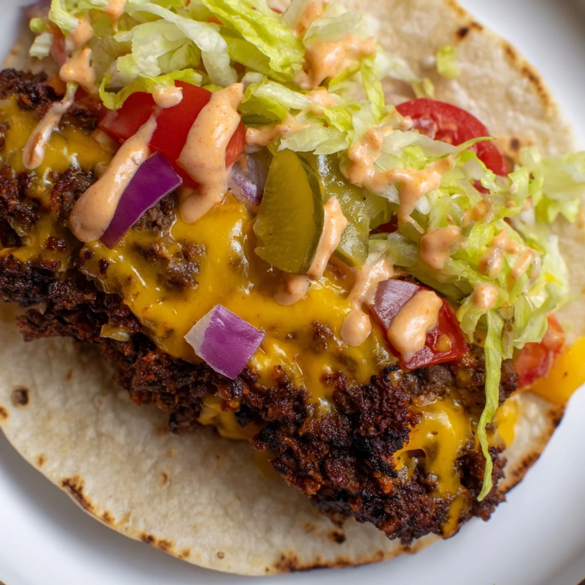 Juicy beef patties cooked on tortillas topped with cheddar cheese tomatoes pickles and burger sauce