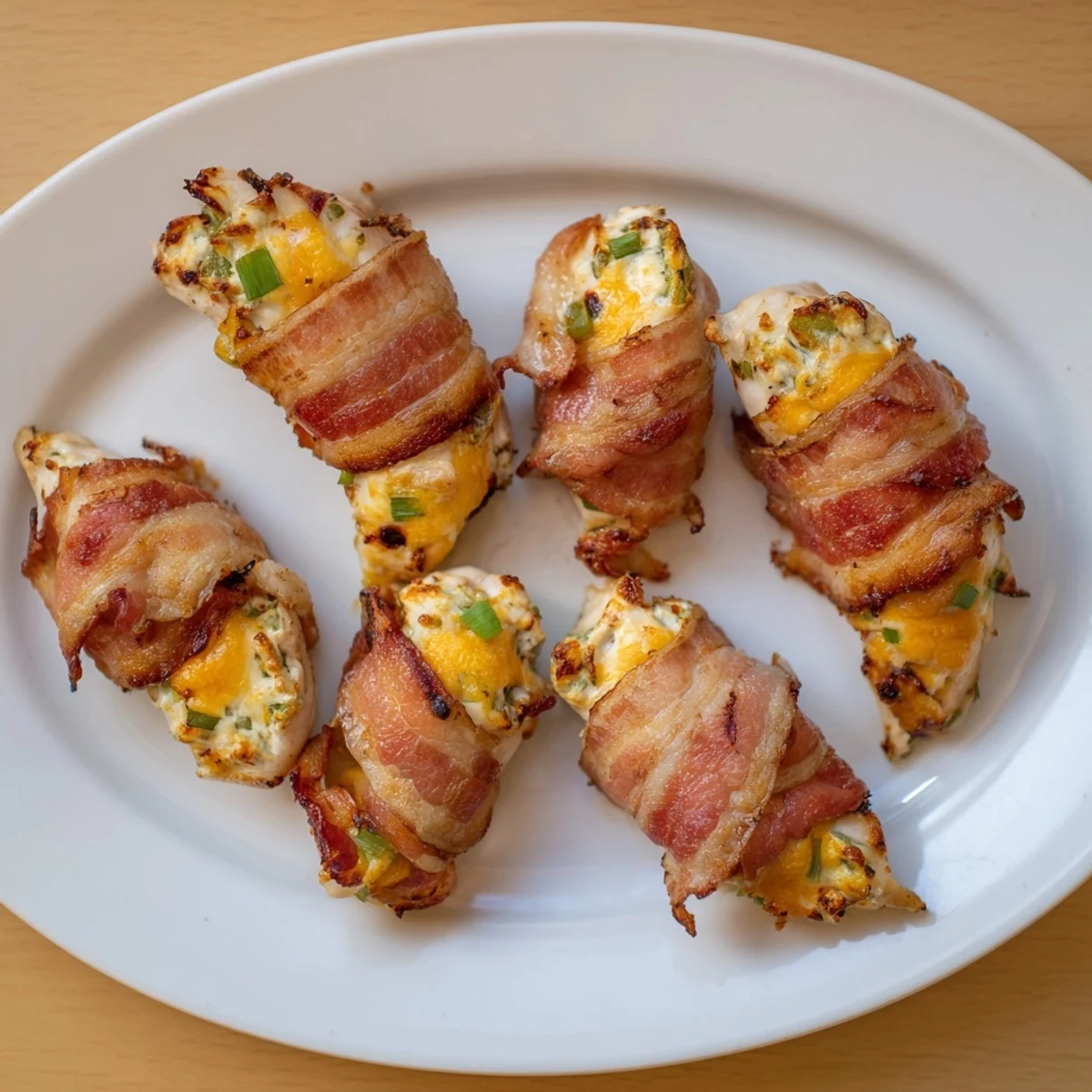 Golden brown bacon-wrapped jalapeño popper chicken stuffed with creamy cheese filling on a white plate