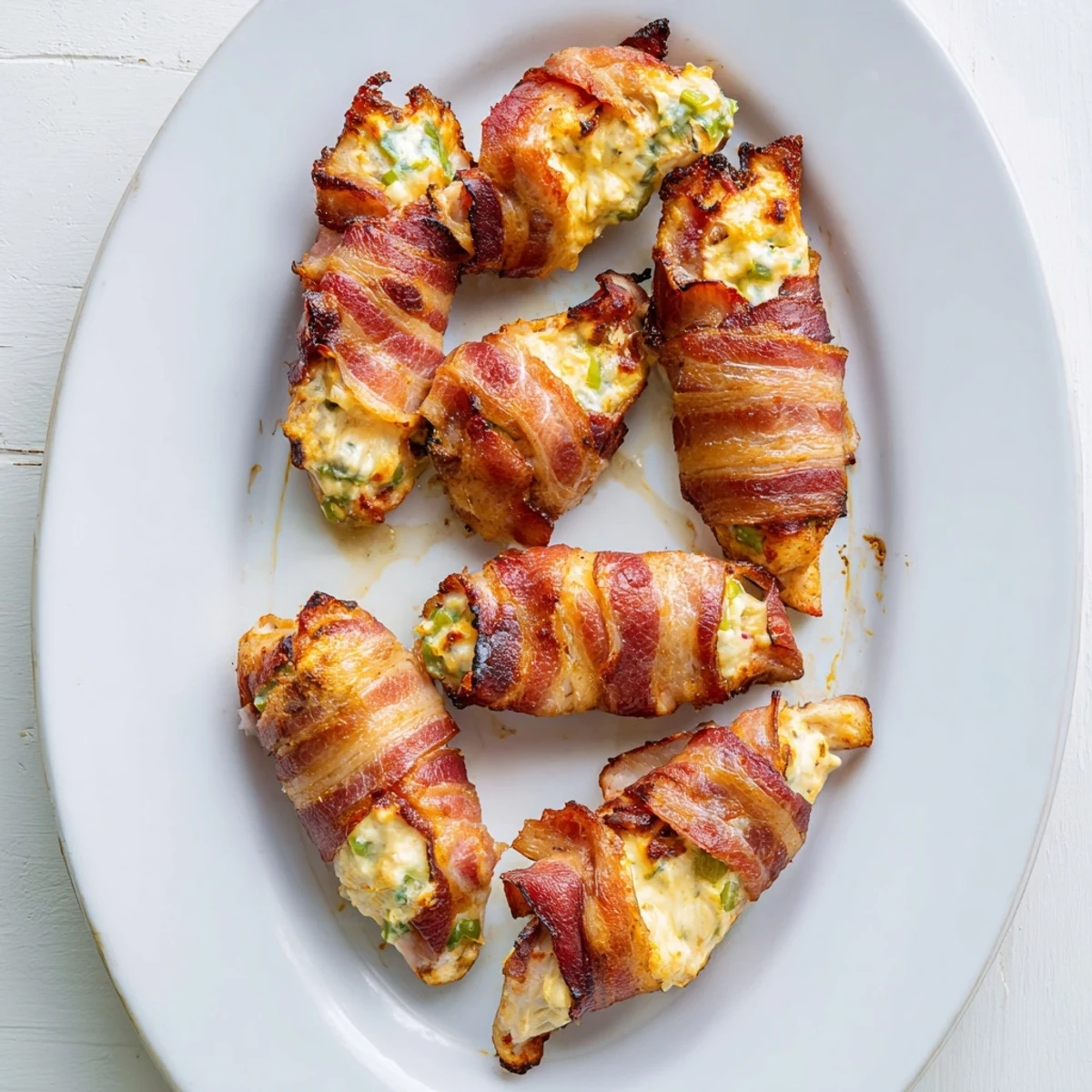 Crispy baked bacon chicken breasts oozing melted jalapeño cheese sauce from sliced center