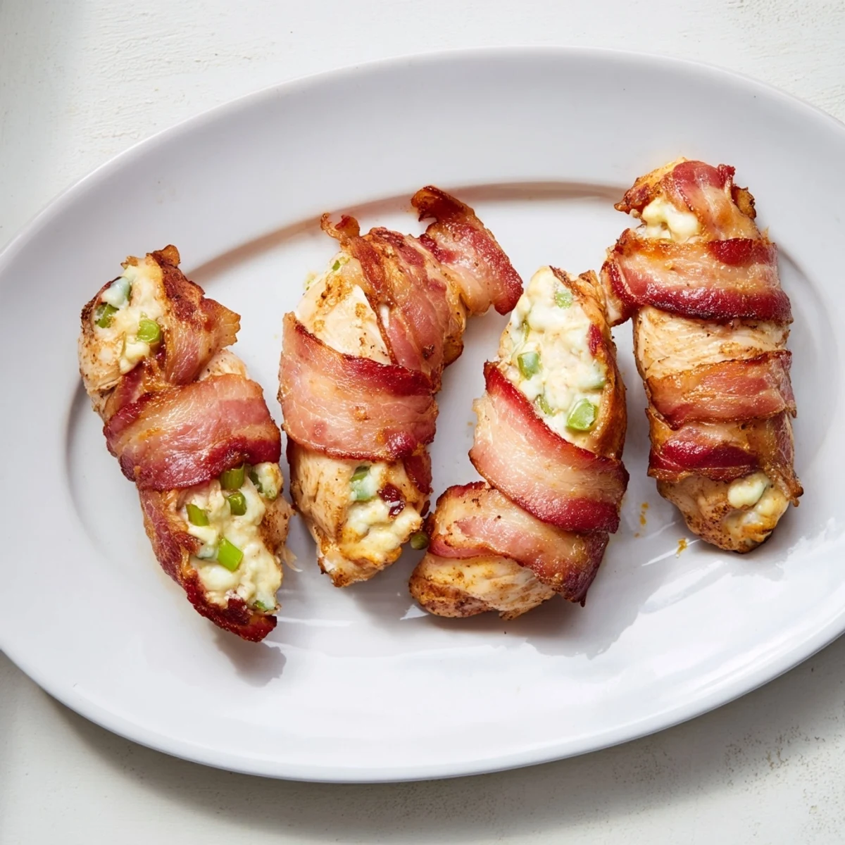 Savory bacon-wrapped jalapeño popper chicken with visible green onion and cheese stuffing, plated for dinner