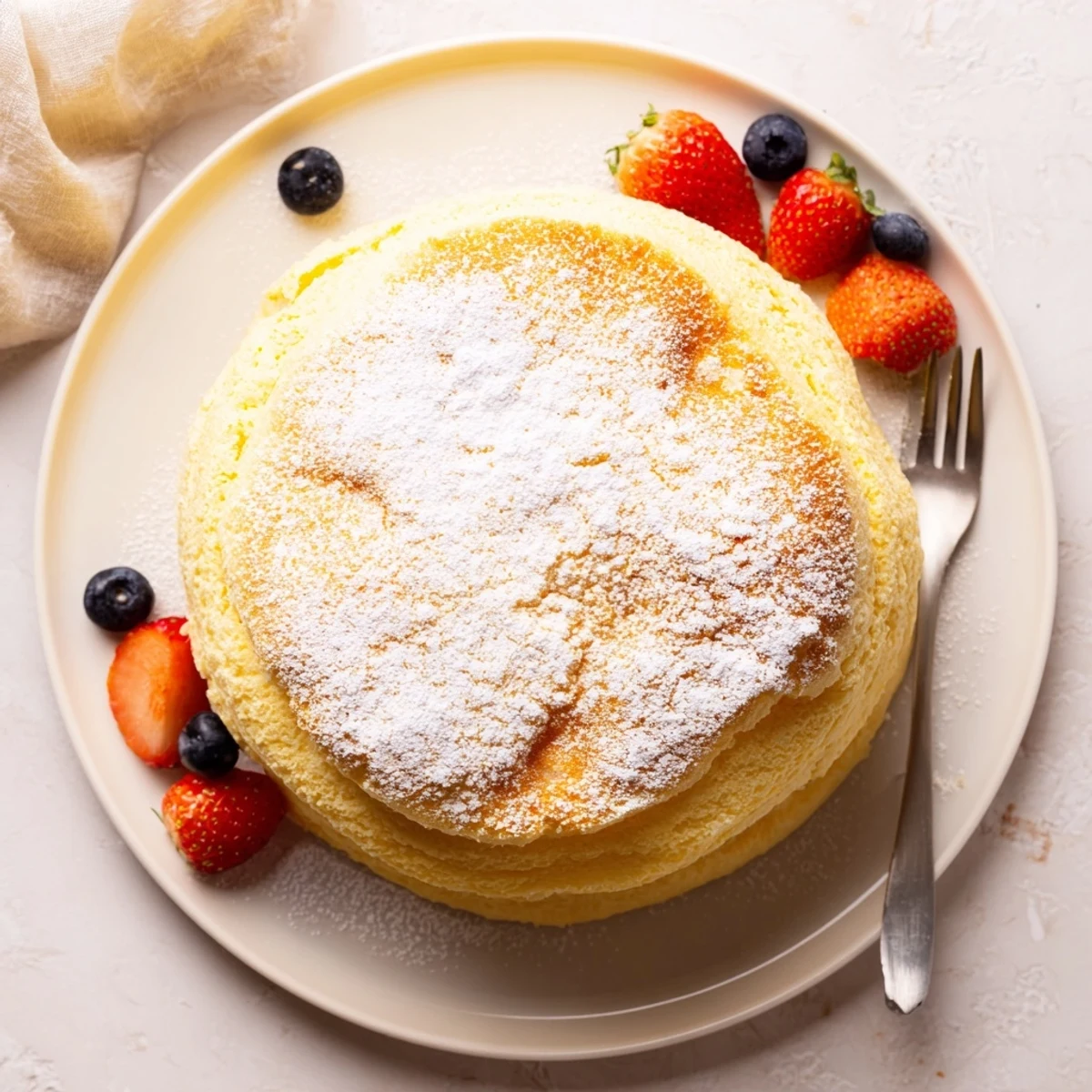 Slice of airy soufflé-style Japanese cheesecake topped with fresh red strawberries