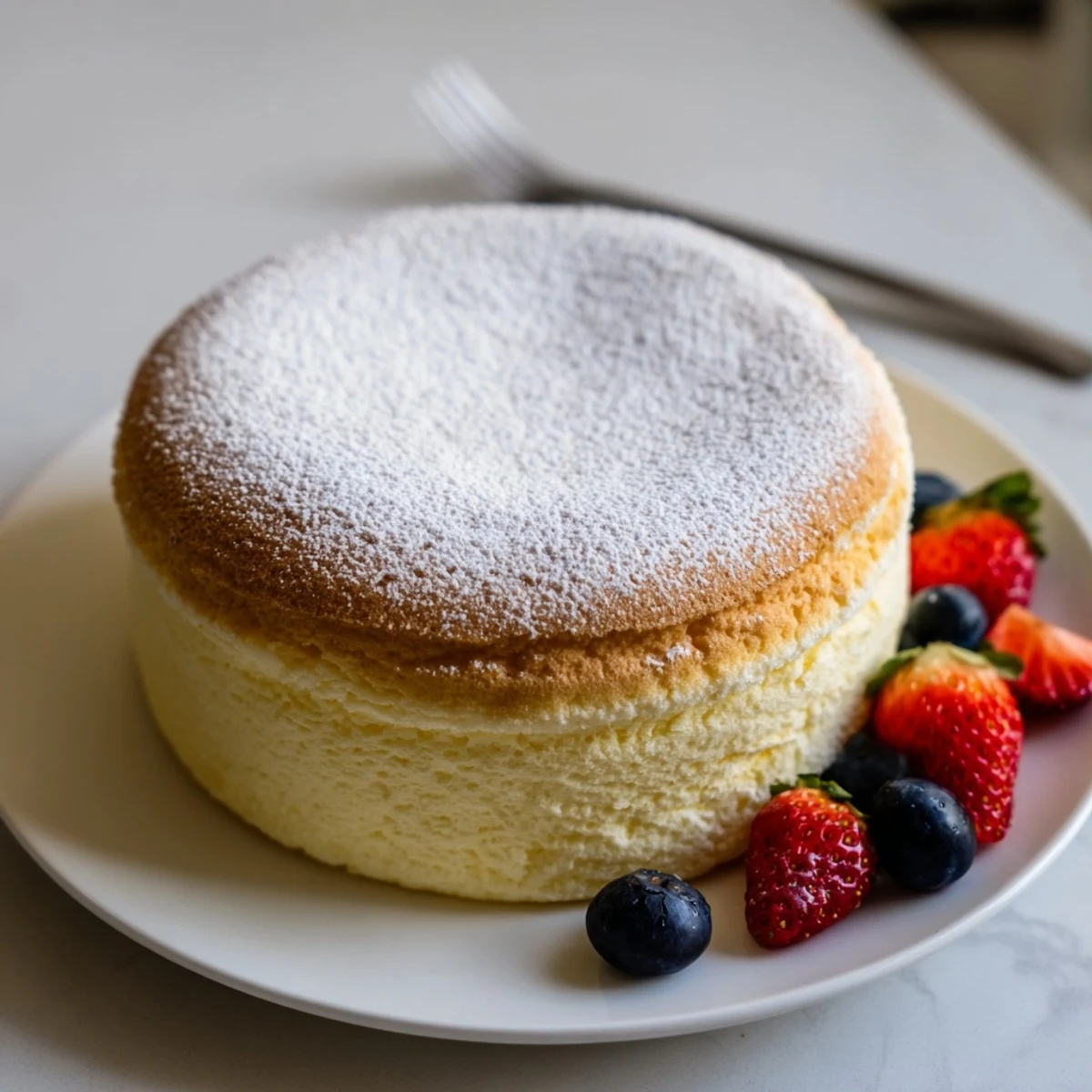 Golden fluffy Japanese cheesecake with cloudlike texture on a white serving plate