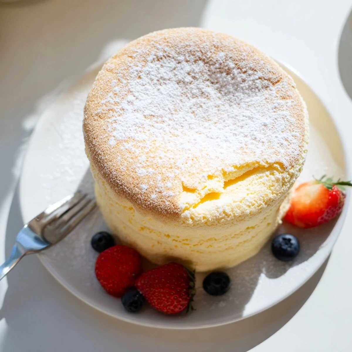 Delicate Japanese cheesecake with jiggly center dusted with powdered sugar