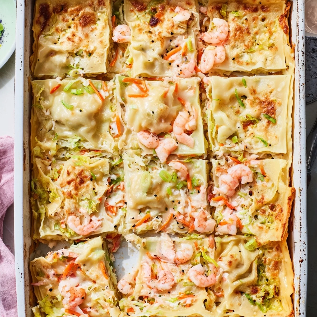 Creative Asian-Italian fusion lasagna with succulent shrimp, ricotta cheese, and savory vegetable layers between dumpling skins