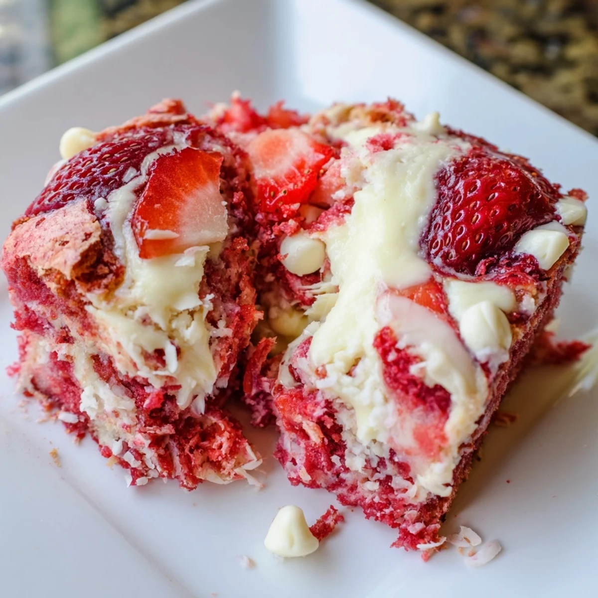 Decadent strawberry earthquake cake featuring marbled cream cheese, sweet coconut flakes, and juicy chopped strawberries on a cracked surface
