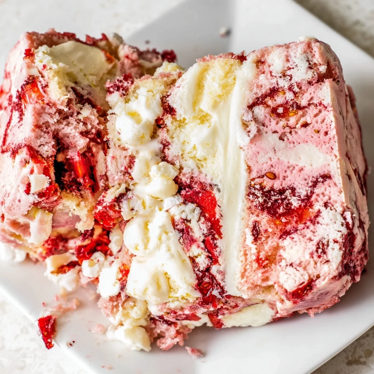 Rich strawberry earthquake cake with swirled cream cheese frosting, melted white chocolate chunks, and fresh berry pieces throughout
