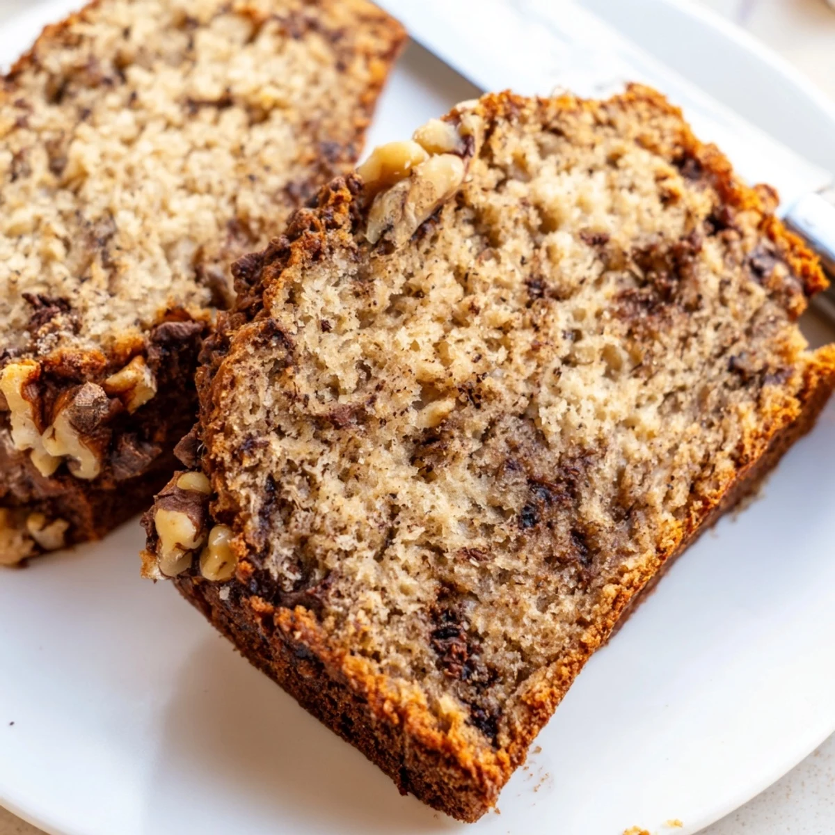 Homemade moist banana bread in a loaf pan, golden-brown crust with deep cracks and fluffy interior visible