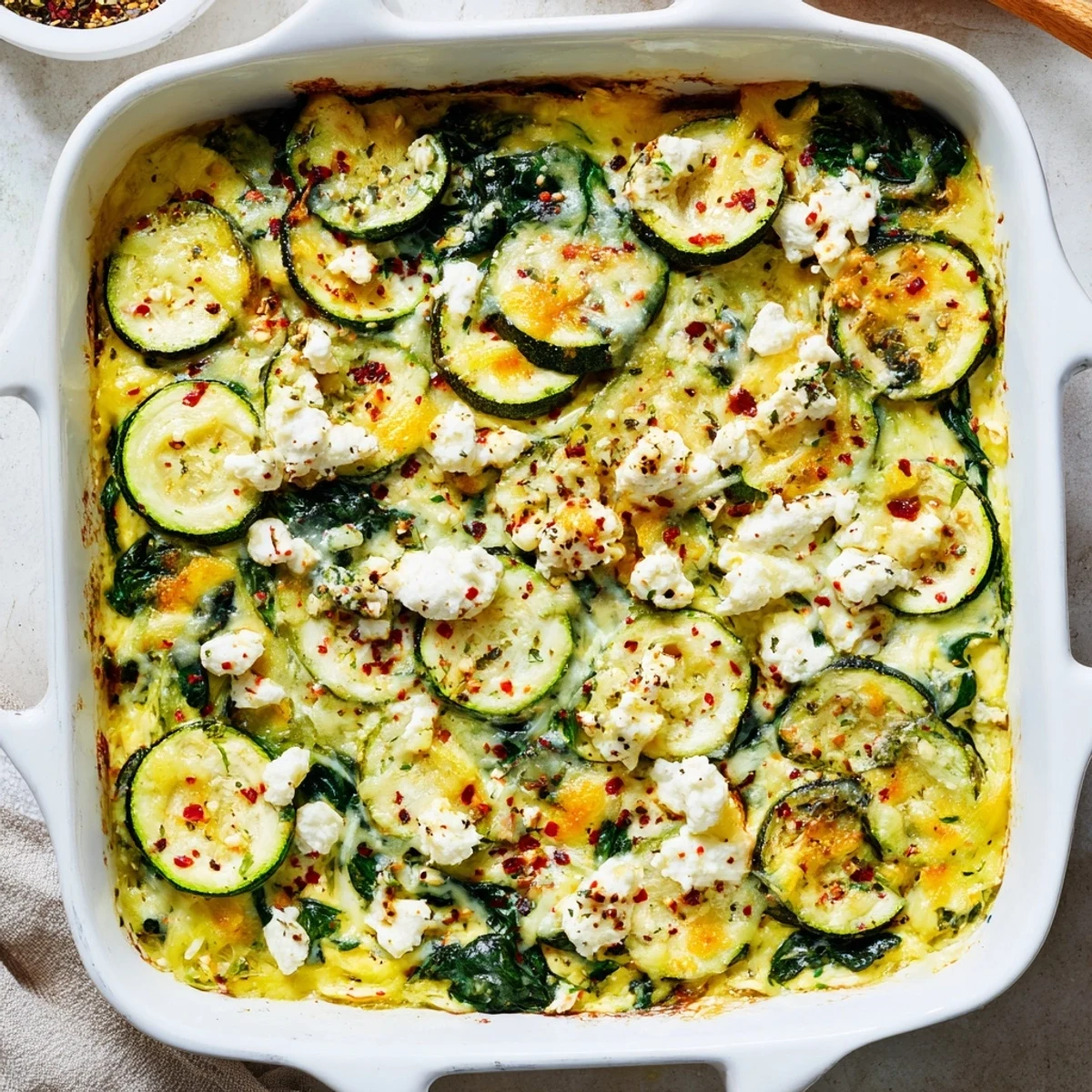 Golden baked zucchini spinach and feta casserole with bubbling mozzarella topping and tender layered vegetables