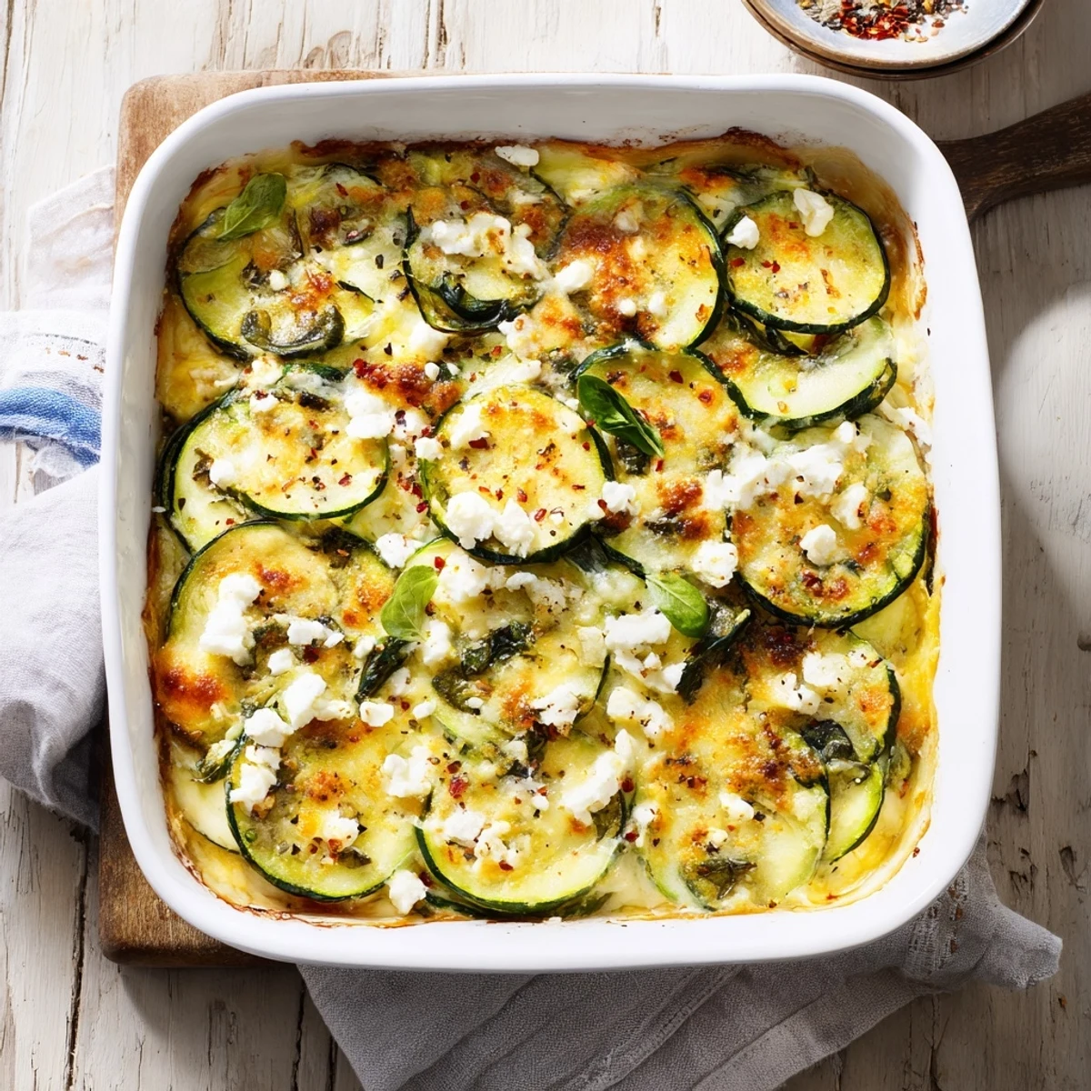 Savory layered baked zucchini spinach and feta casserole featuring wilted greens and crumbly feta texture