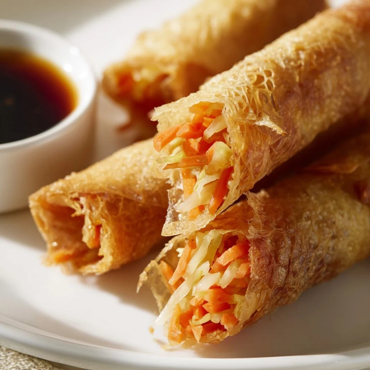 Homemade crispy rice paper spring rolls arranged on serving platter with dipping sauce bowl