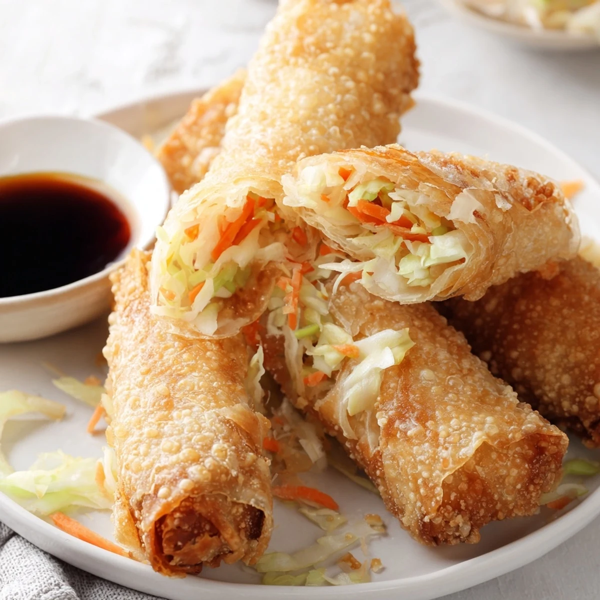 Golden crispy rice paper spring rolls with vegetable and chicken filling on white plate