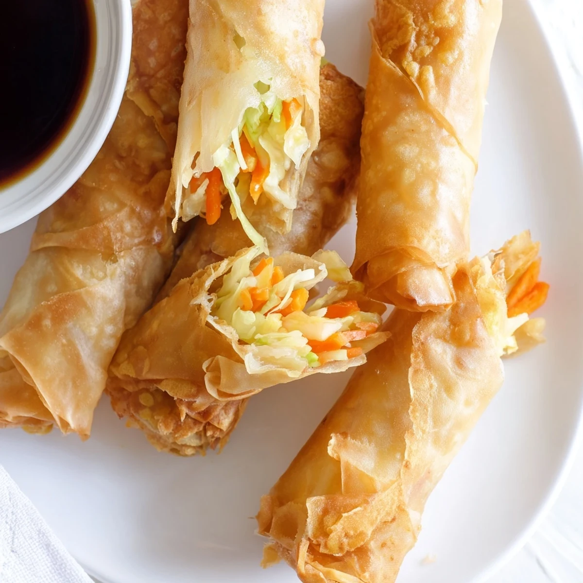 Baked crispy rice paper spring rolls cut open to reveal colorful vegetable and protein filling