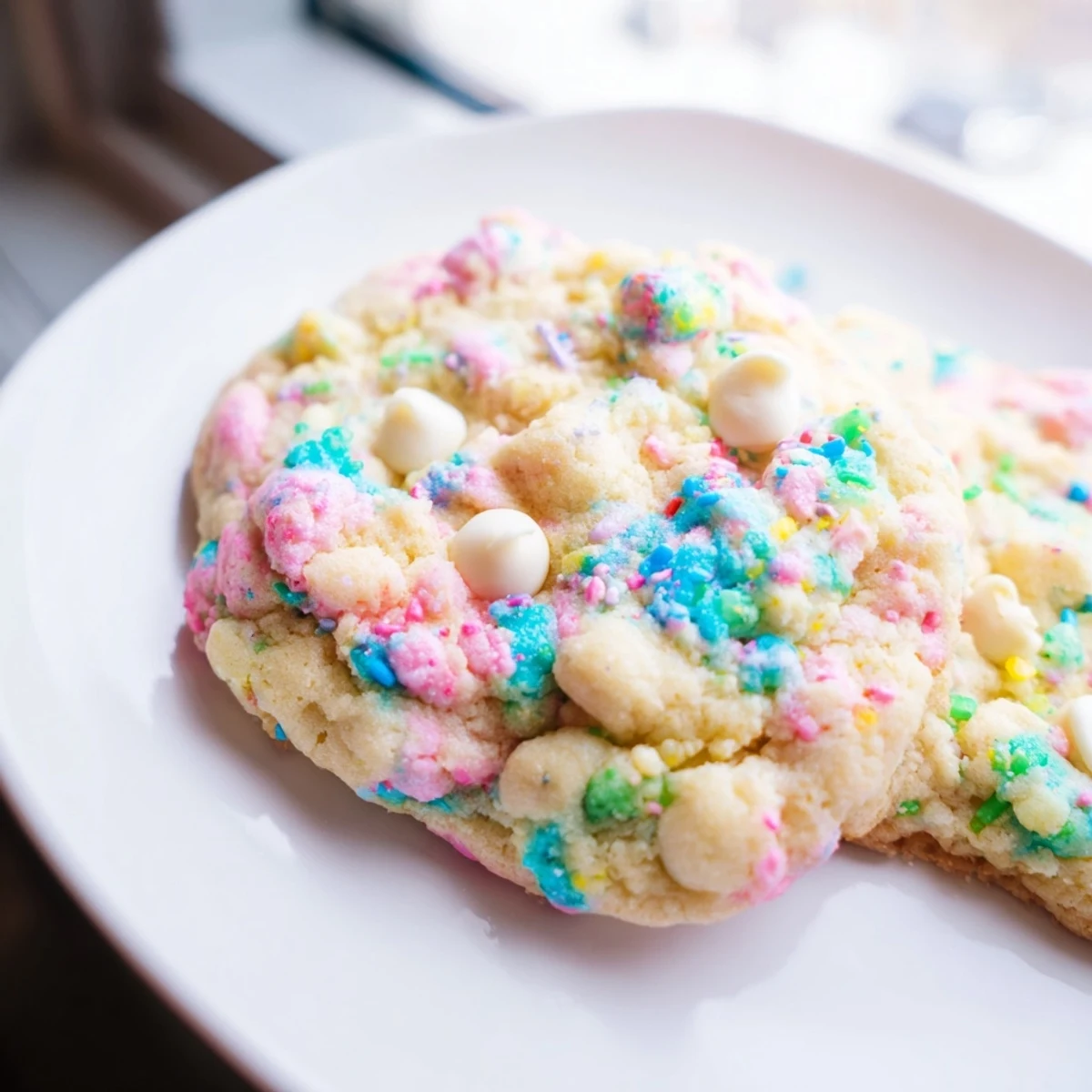 Soft Easter Funfetti cookies with colorful sprinkles on a white baking sheet