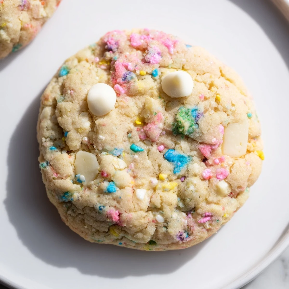 Golden brown Easter Funfetti cookies dotted with pastel sprinkles and white chocolate chips