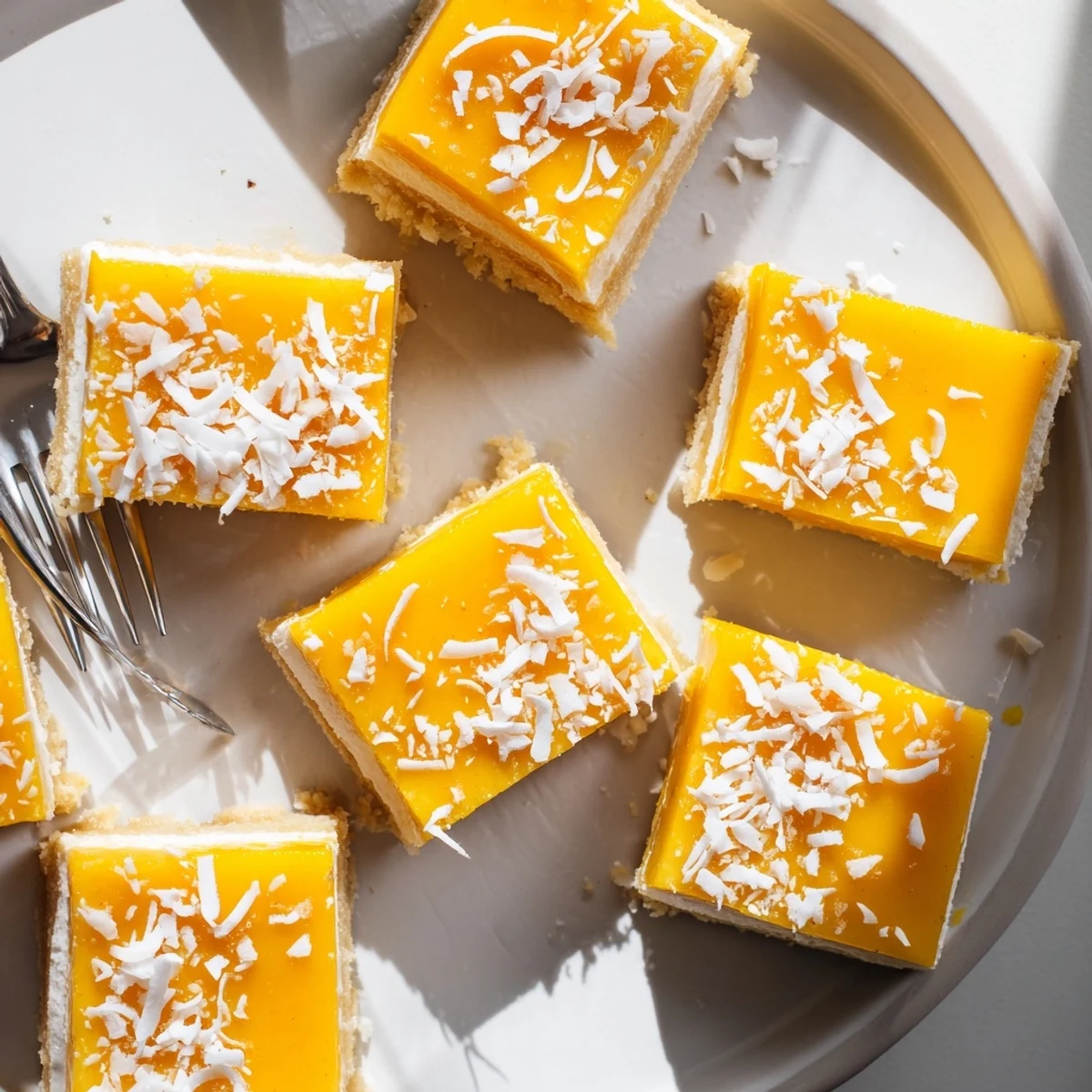 Golden mango coconut bars with shredded coconut topping on a shortbread crust