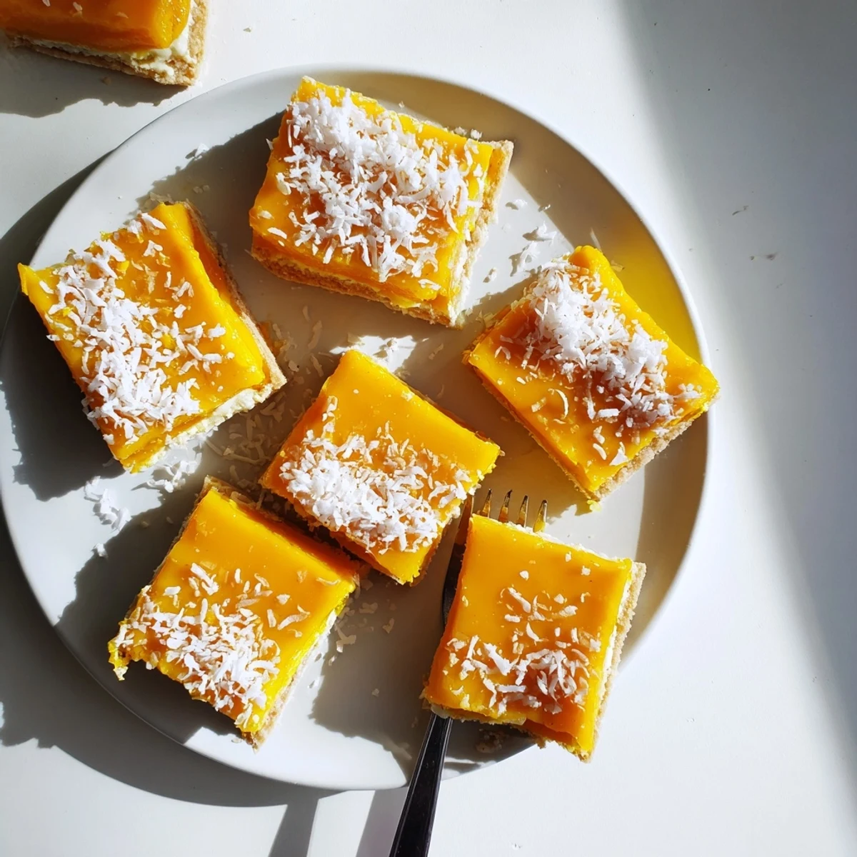 Chewy tropical mango coconut bars sliced on a white serving plate
