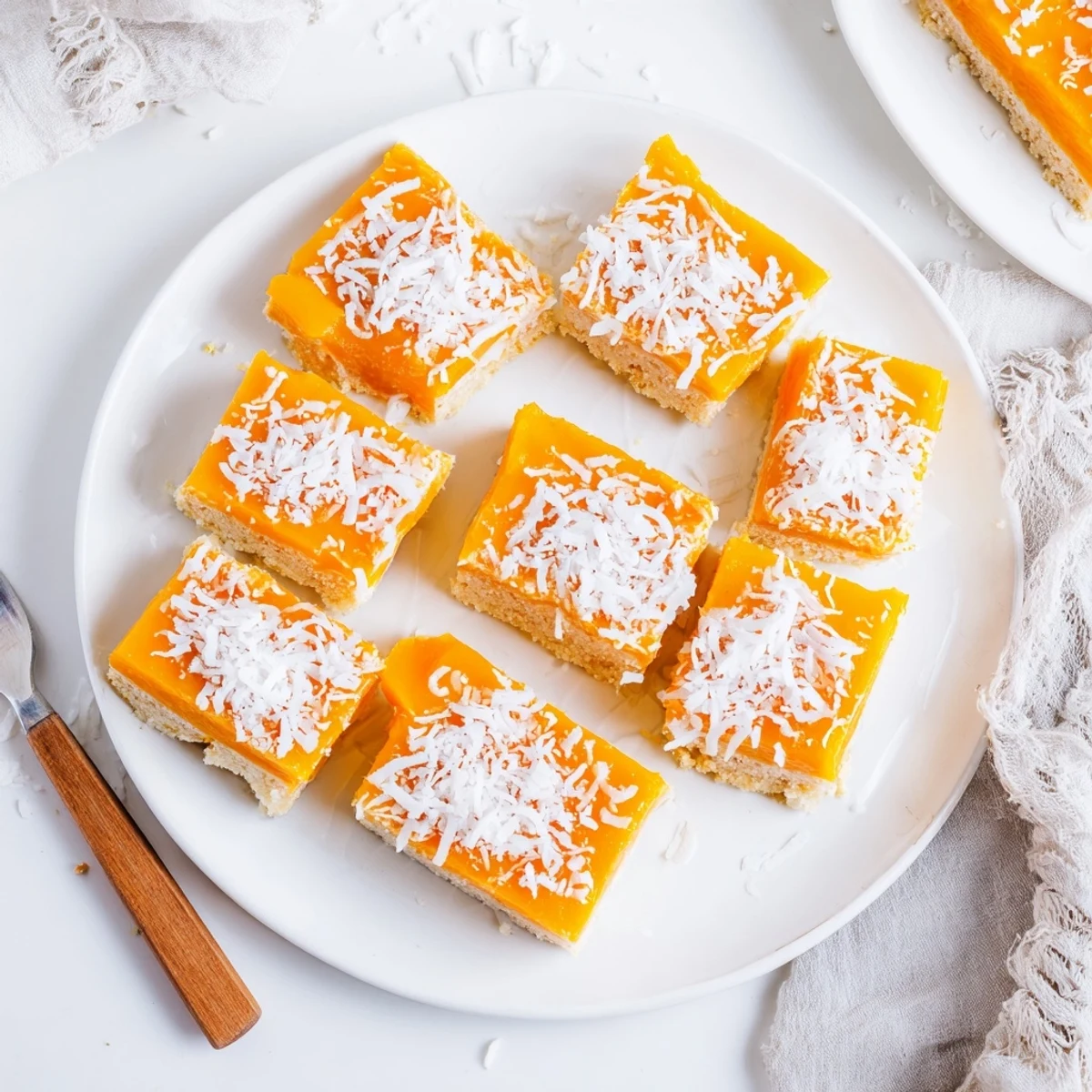 Homemade mango coconut bars featuring golden mango filling sprinkled with toasted coconut