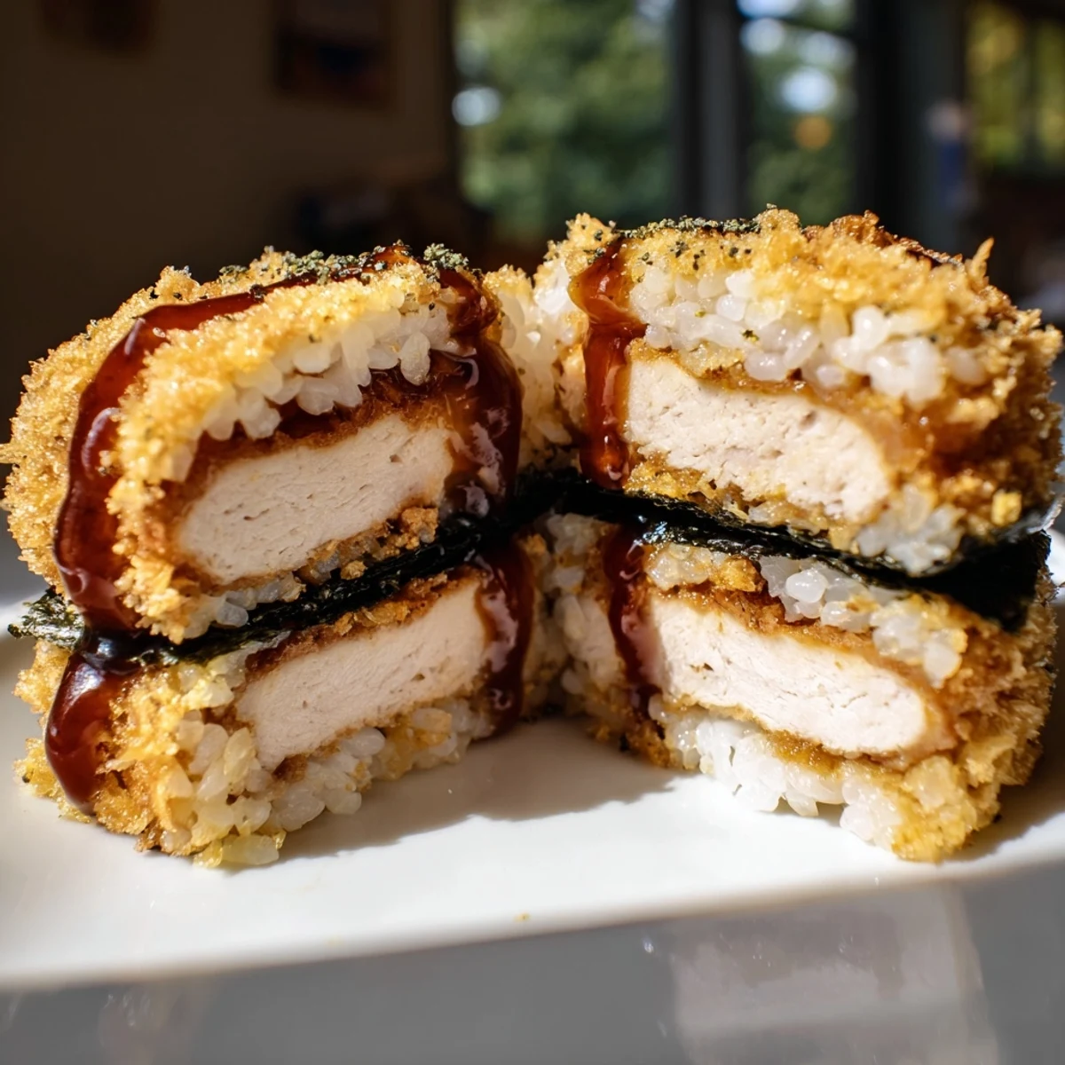 Crispy golden chicken katsu layered between fluffy white rice blocks wrapped in dark nori