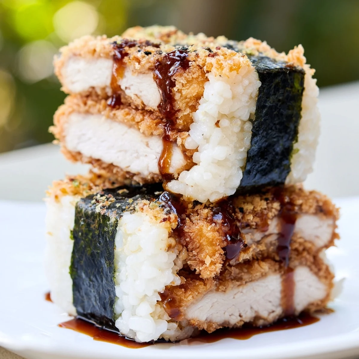 Hawaiian-Japanese fusion chicken katsu musubi with savory fried chicken strips pressed into seasoned rice