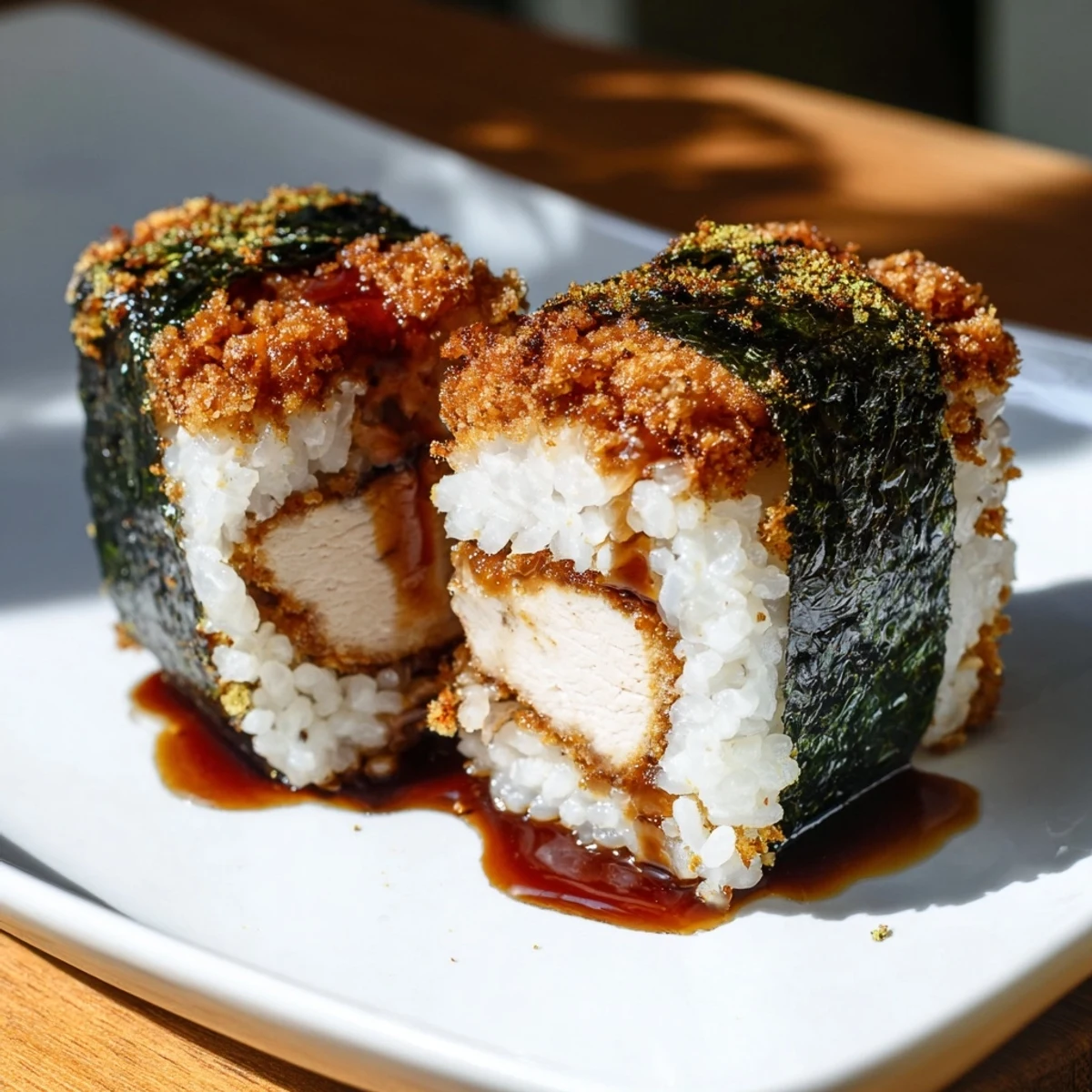Handheld chicken katsu musubi featuring panko-crusted fried chicken seasoned with tangy tonkatsu sauce