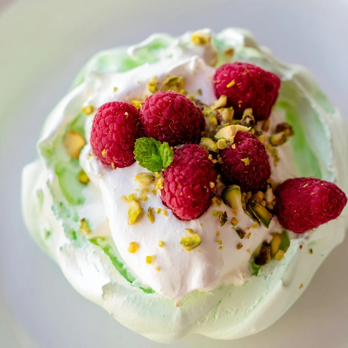 Golden pistachio meringue nests topped with fluffy whipped cream and fresh red raspberries on a white plate