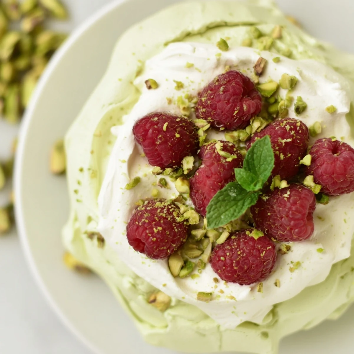 Gluten-free pistachio meringue dessert nests with whipped cream topping and bright fresh berries
