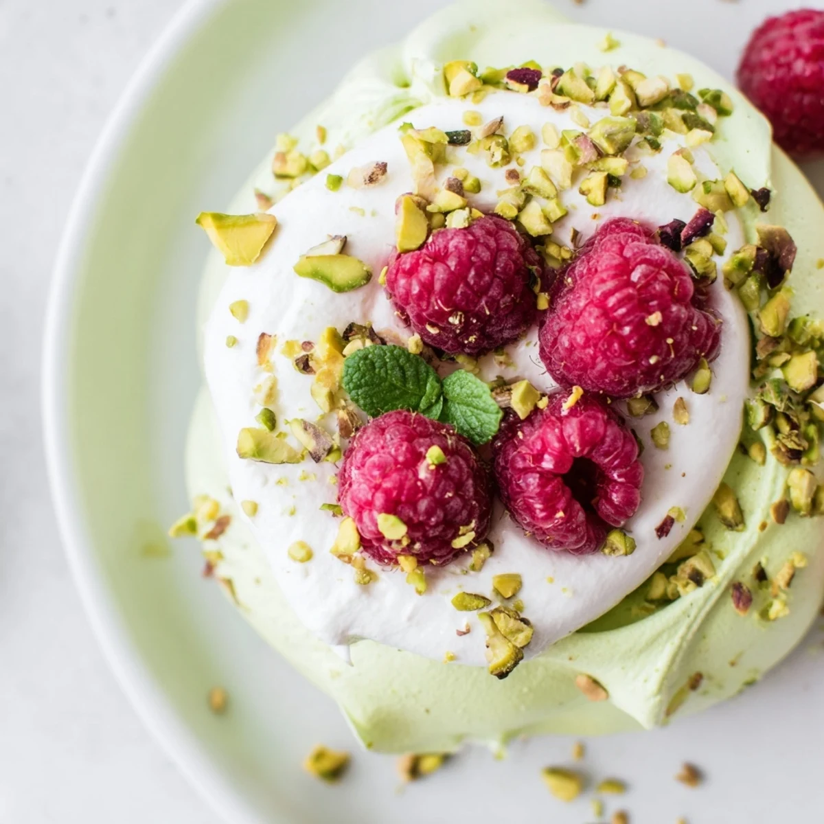 Delicate crisp meringue cups filled with sweet vanilla cream and garnished with juicy raspberry halves