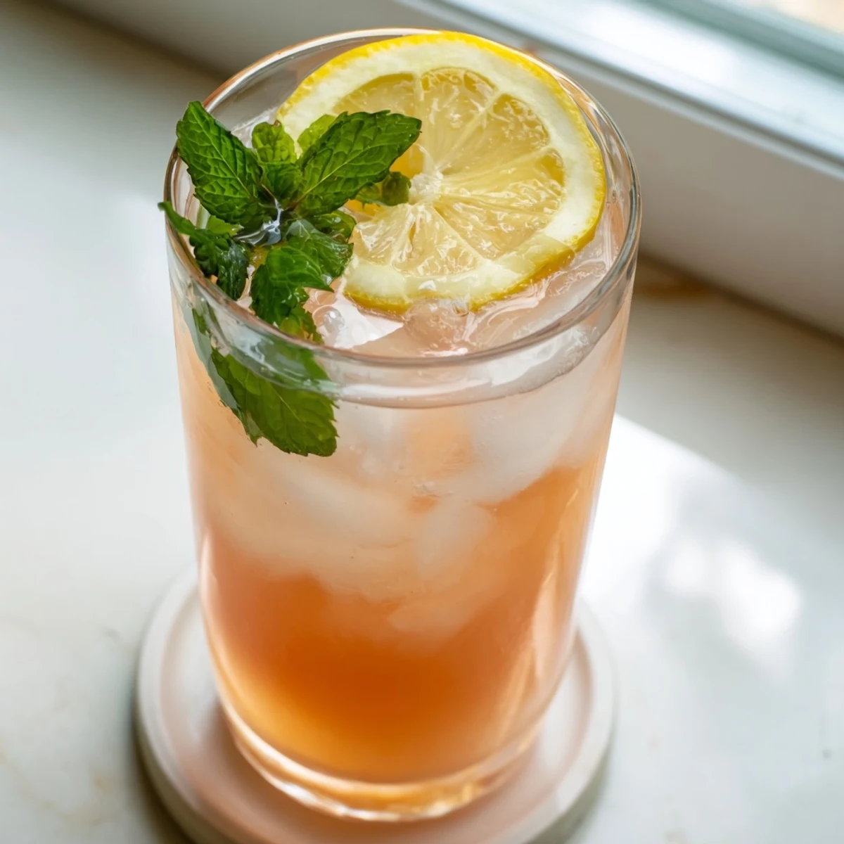 Tall glass of guava white tea lemonade garnished with fresh lemon slices and mint