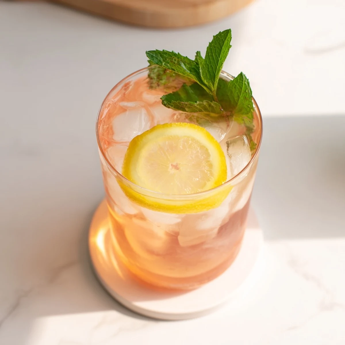Refreshing glass of guava white tea lemonade with floating lemon wedges on ice