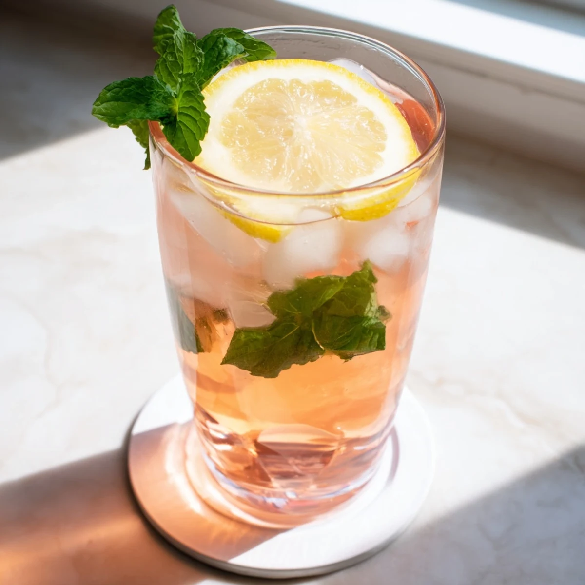 Tropical guava white tea lemonade poured over ice in a clear glass pitcher