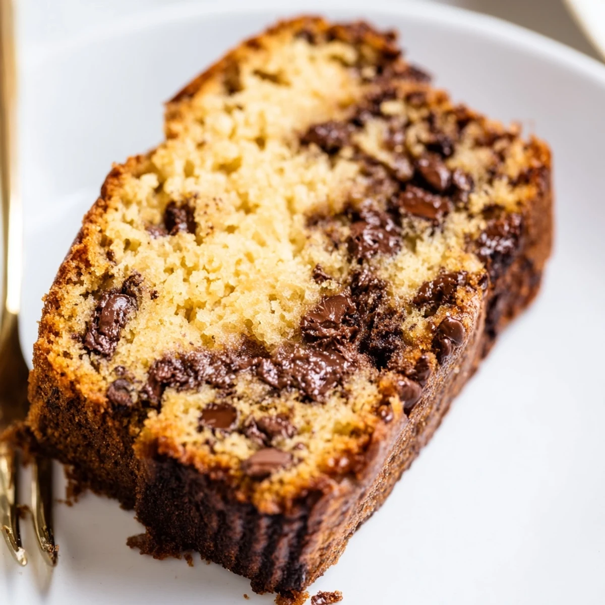 Golden brown classic chocolate chip banana bread loaf with melted chocolate chips peeking through the moist crumb