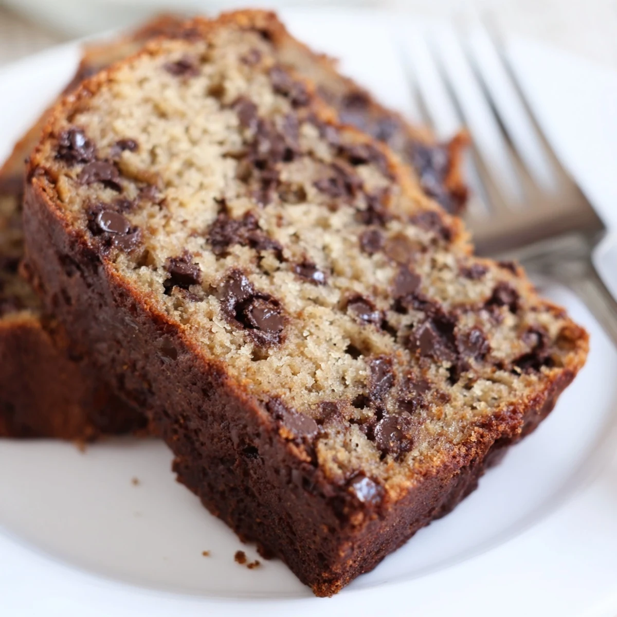Warm classic chocolate chip banana bread cooling on a wire rack with chocolate chunks visible on top