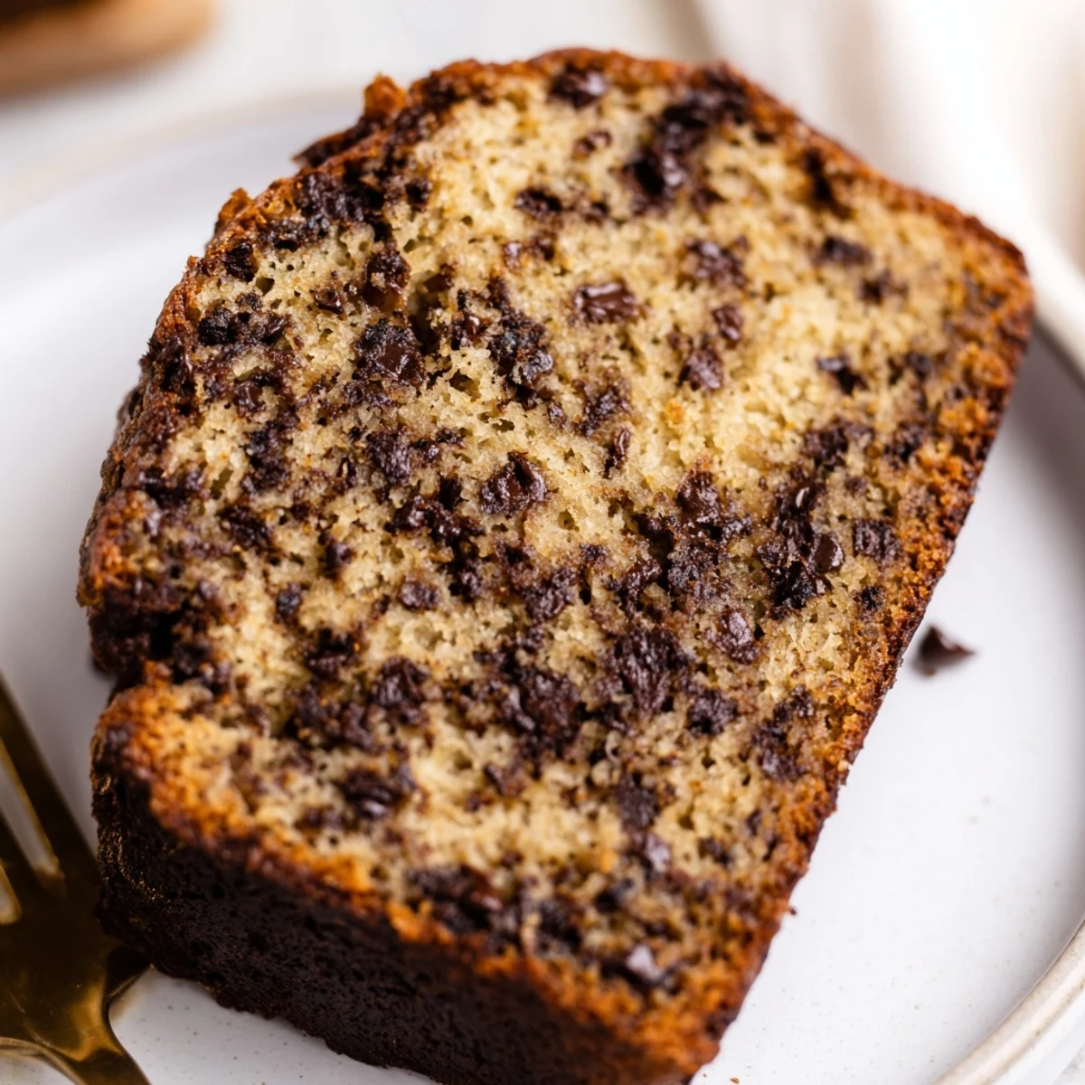 Freshly baked slice of classic chocolate chip banana bread on a wooden cutting board ready to serve