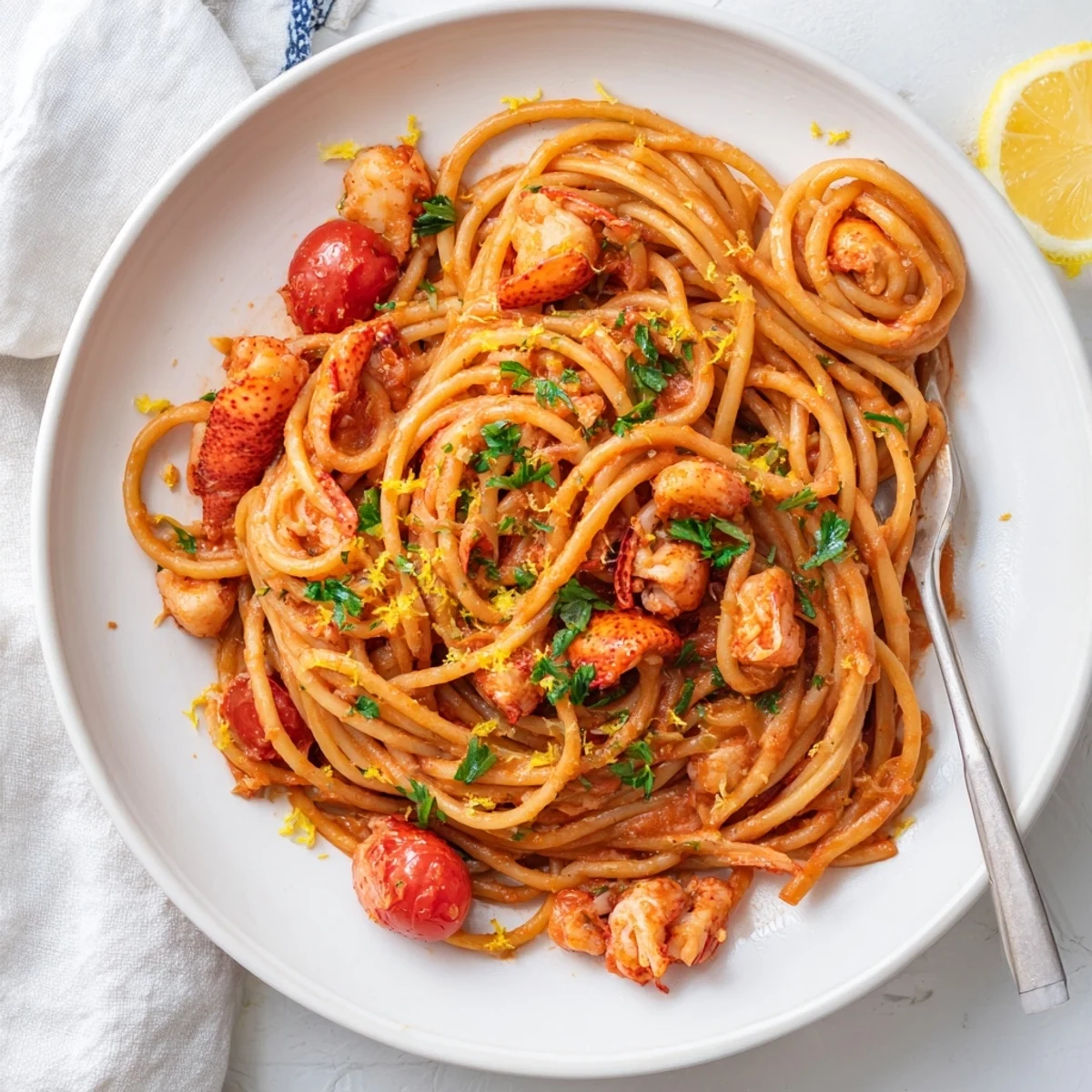 Golden lobster meat coated in creamy tomato wine sauce clings to thick bucatini noodles