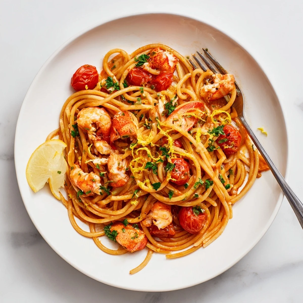 Steaming plate of lobster bucatini pasta featuring chunky red lobster pieces in glossy white wine tomato sauce