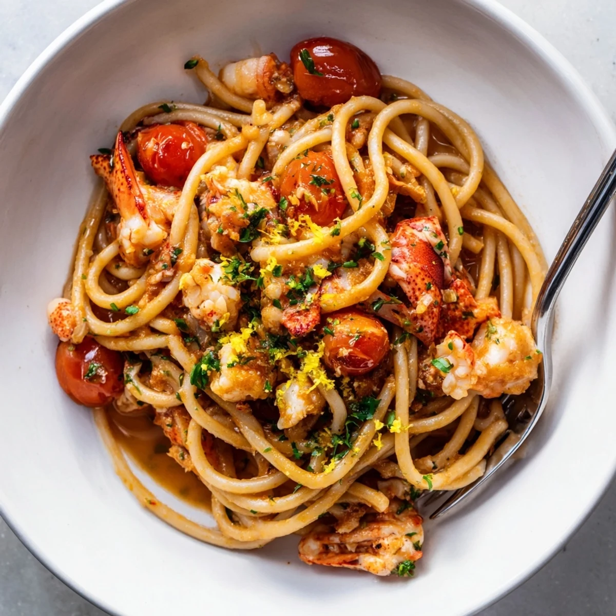 Twirled bucatini pasta tossed with tender lobster chunks in rich garlic tomato and white wine sauce