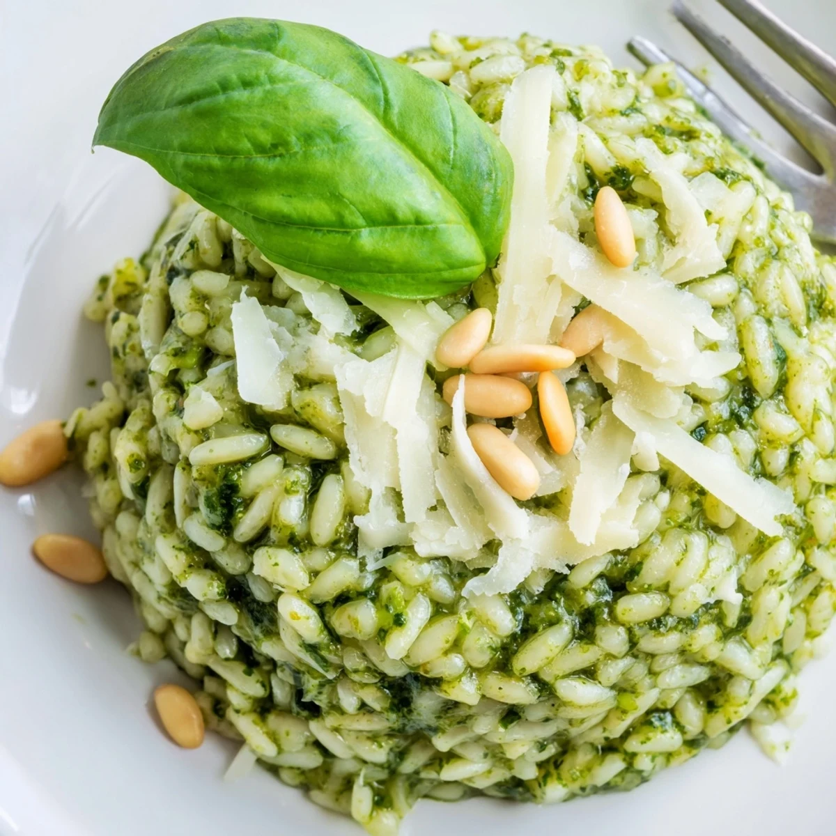 Creamy Parmesan pesto risotto served in a white bowl with fresh basil garnish