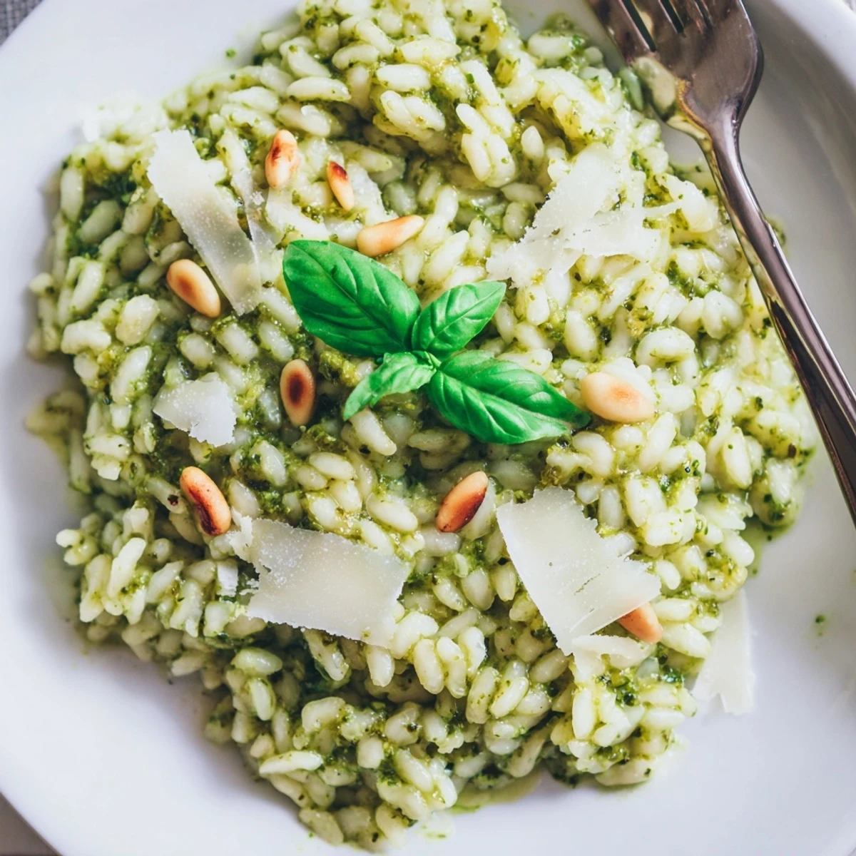 Spoonful of rich Italian Parmesan pesto risotto sprinkled with extra grated cheese