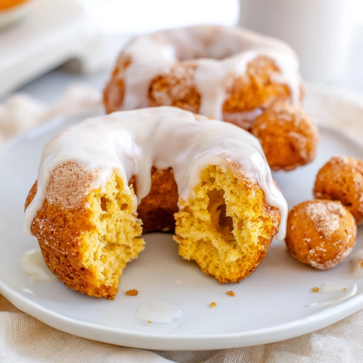 Golden pumpkin spice biscuit donuts coated in cinnamon sugar with vanilla glaze drizzle