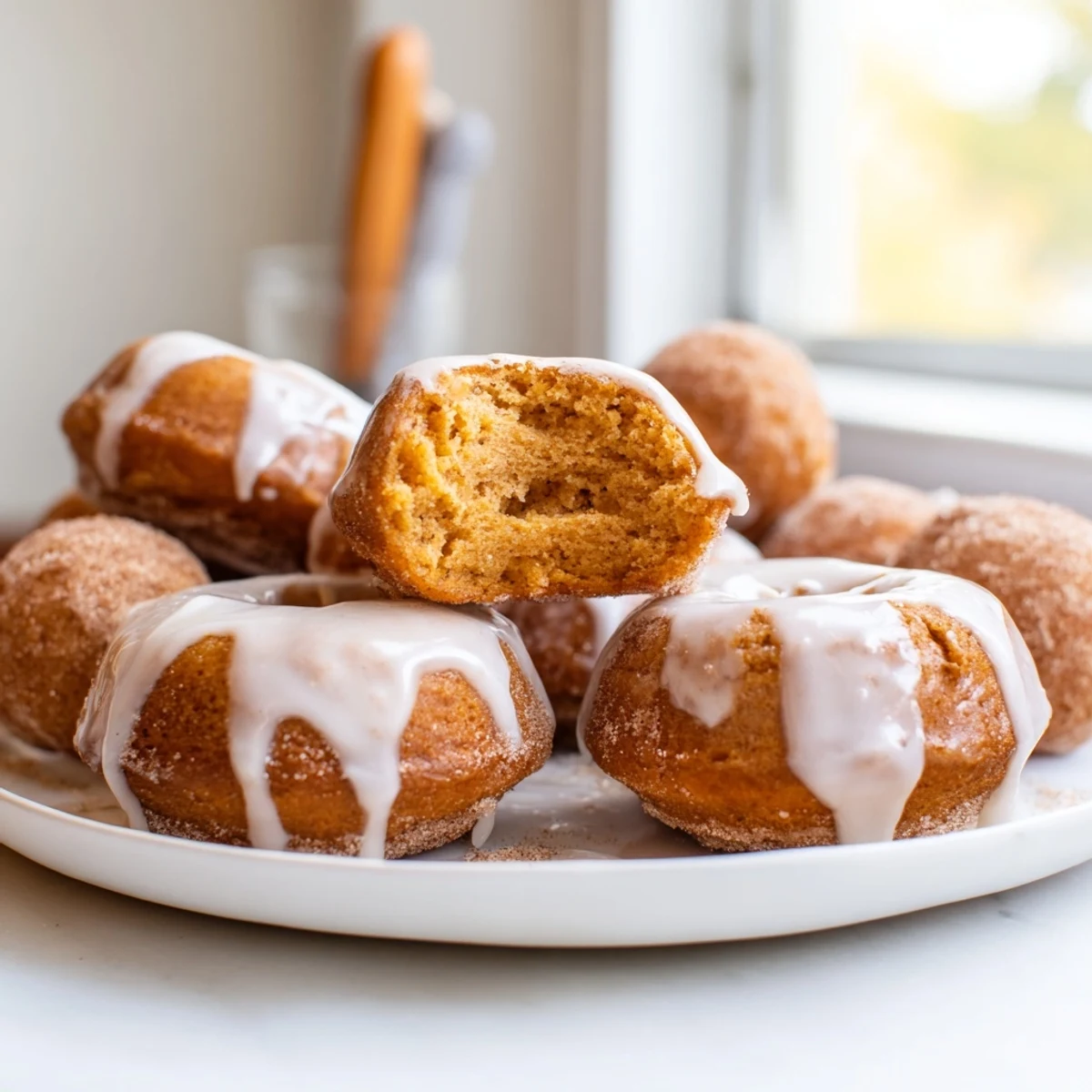 Warm homemade pumpkin donuts with crispy cinnamon sugar coating on white serving plate