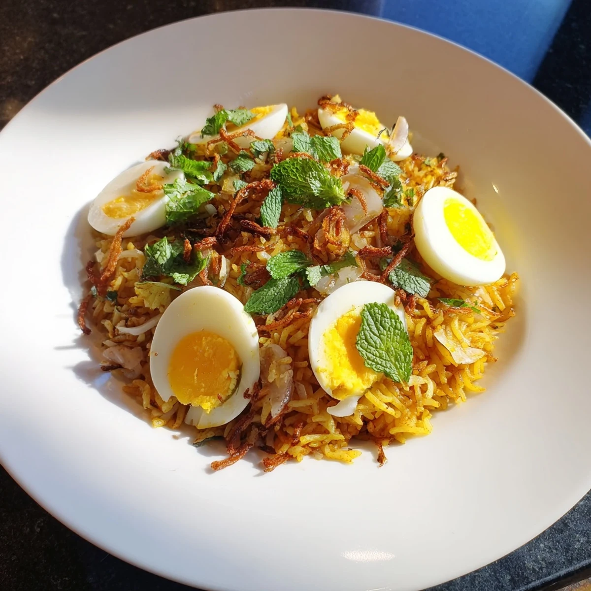 Fragrant Indian-style tomato ginger biryani topped with halved eggs and fresh herb garnish