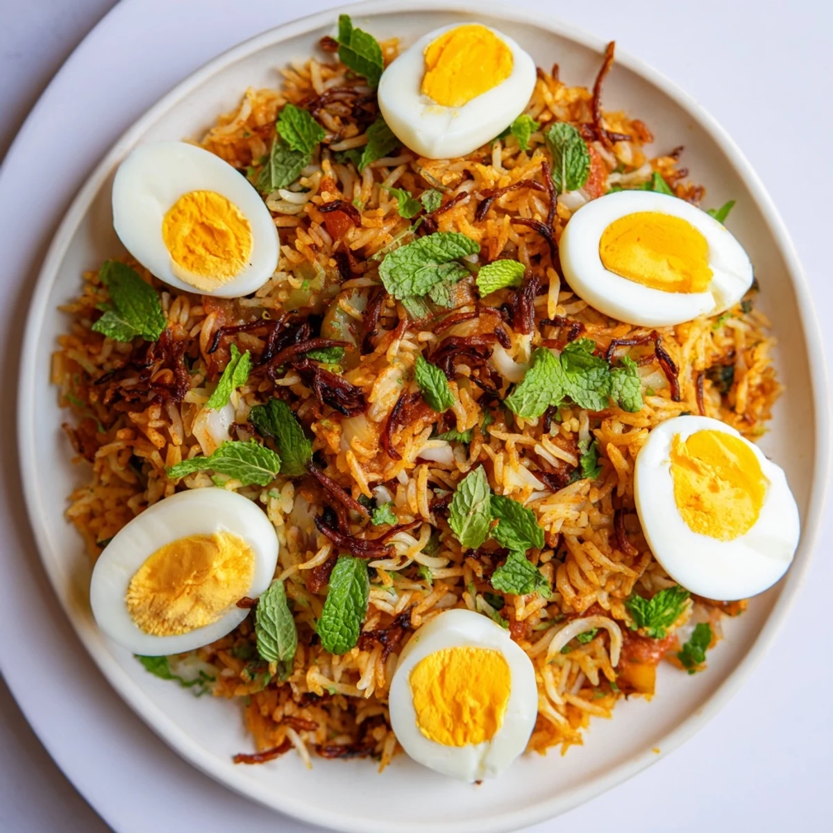 Golden tomato and ginger biryani with fluffy basmati rice and perfectly boiled eggs