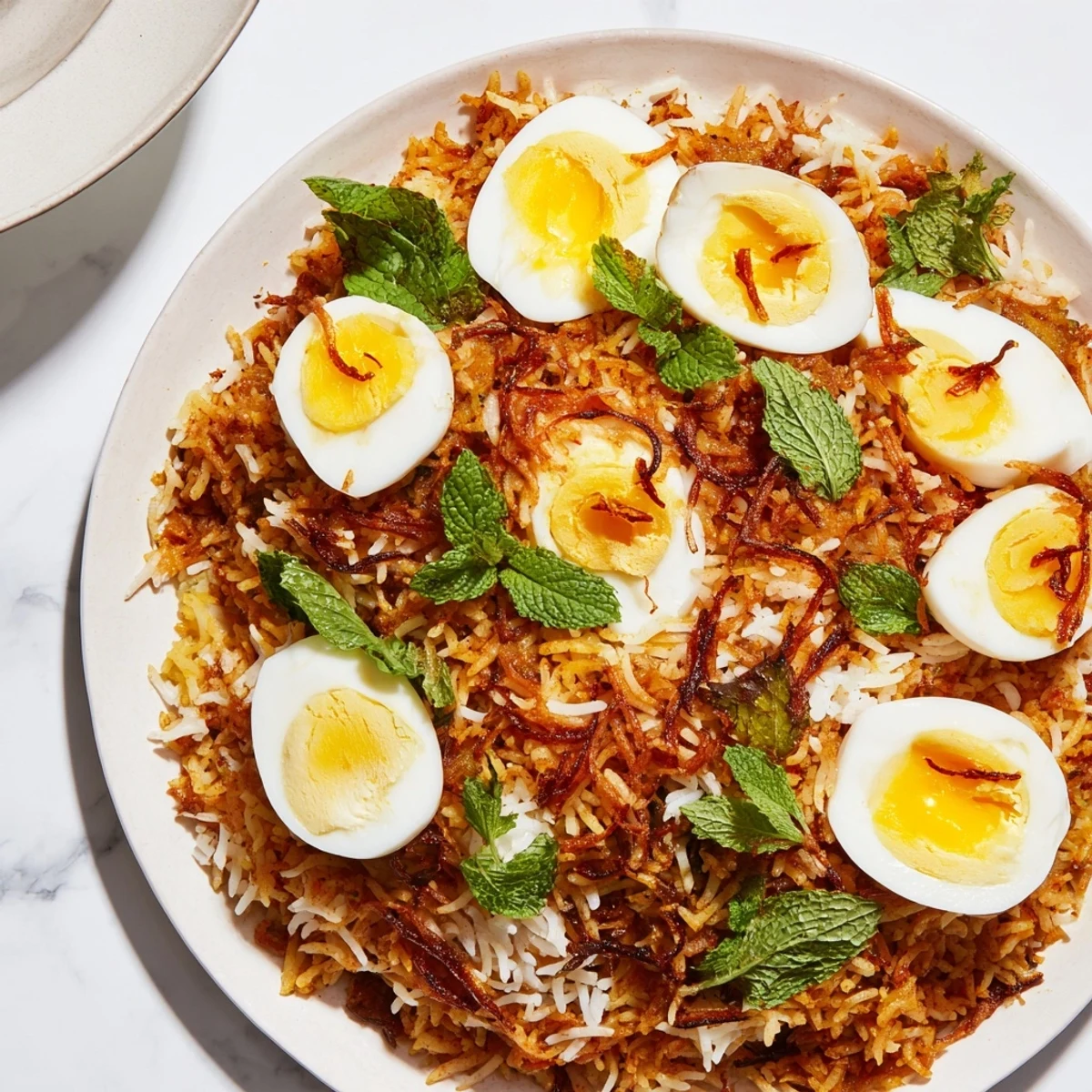 Steaming bowl of spiced tomato ginger rice layered with tender eggs and cilantro
