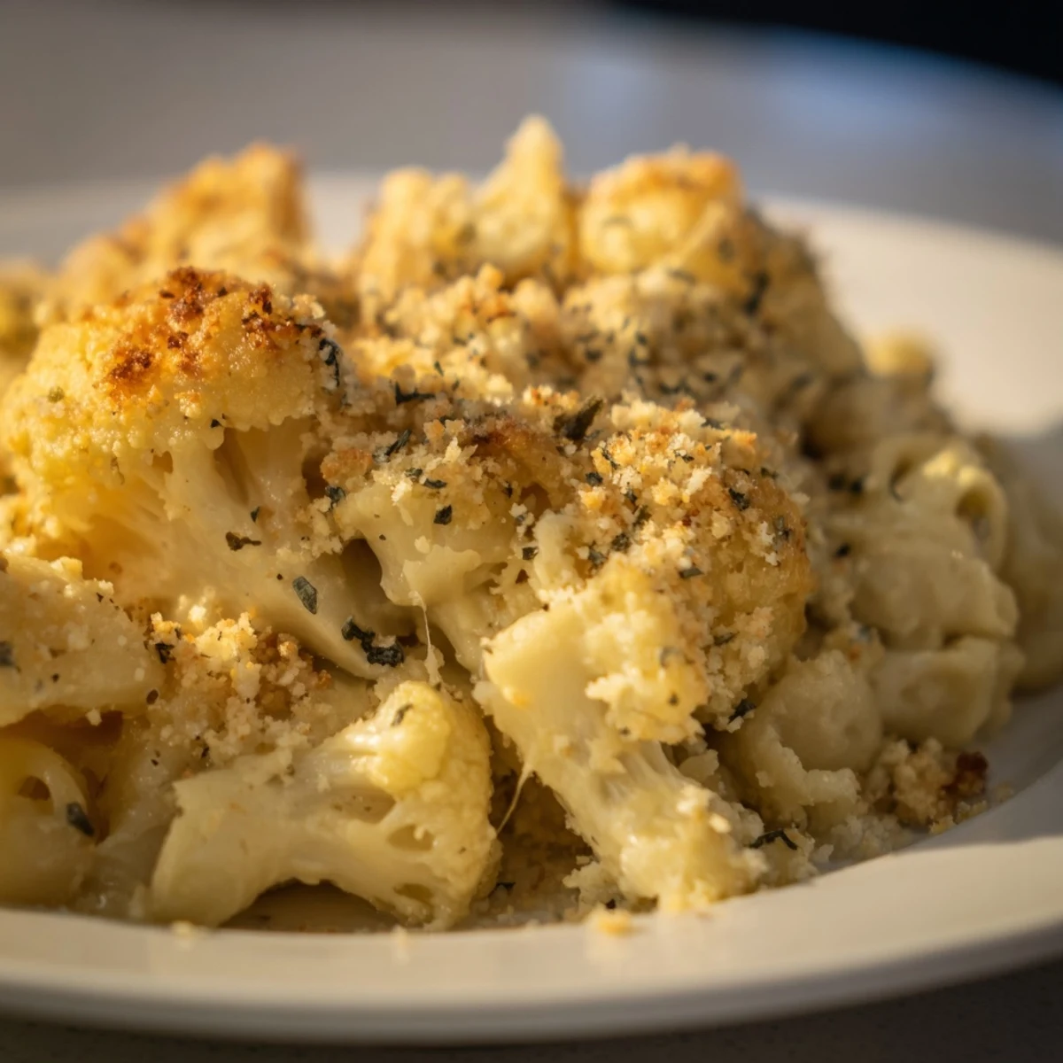 Golden baked cauliflower mac and cheese with bubbling cheese sauce and crispy breadcrumb topping